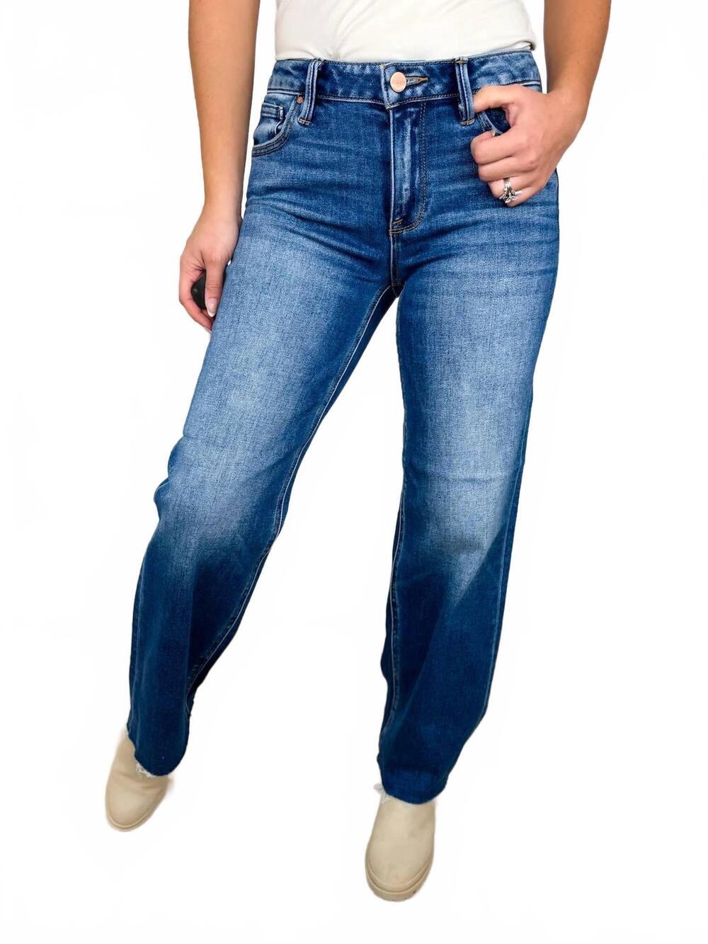 NEW RISEN bridget tummy control mid-rise raw hem straight leg jeans in medium wa